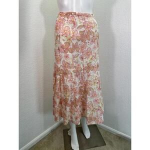 Sz 14 JM Collection 100% Linen Floral Pink Yellow Green Midi Flared Skirt